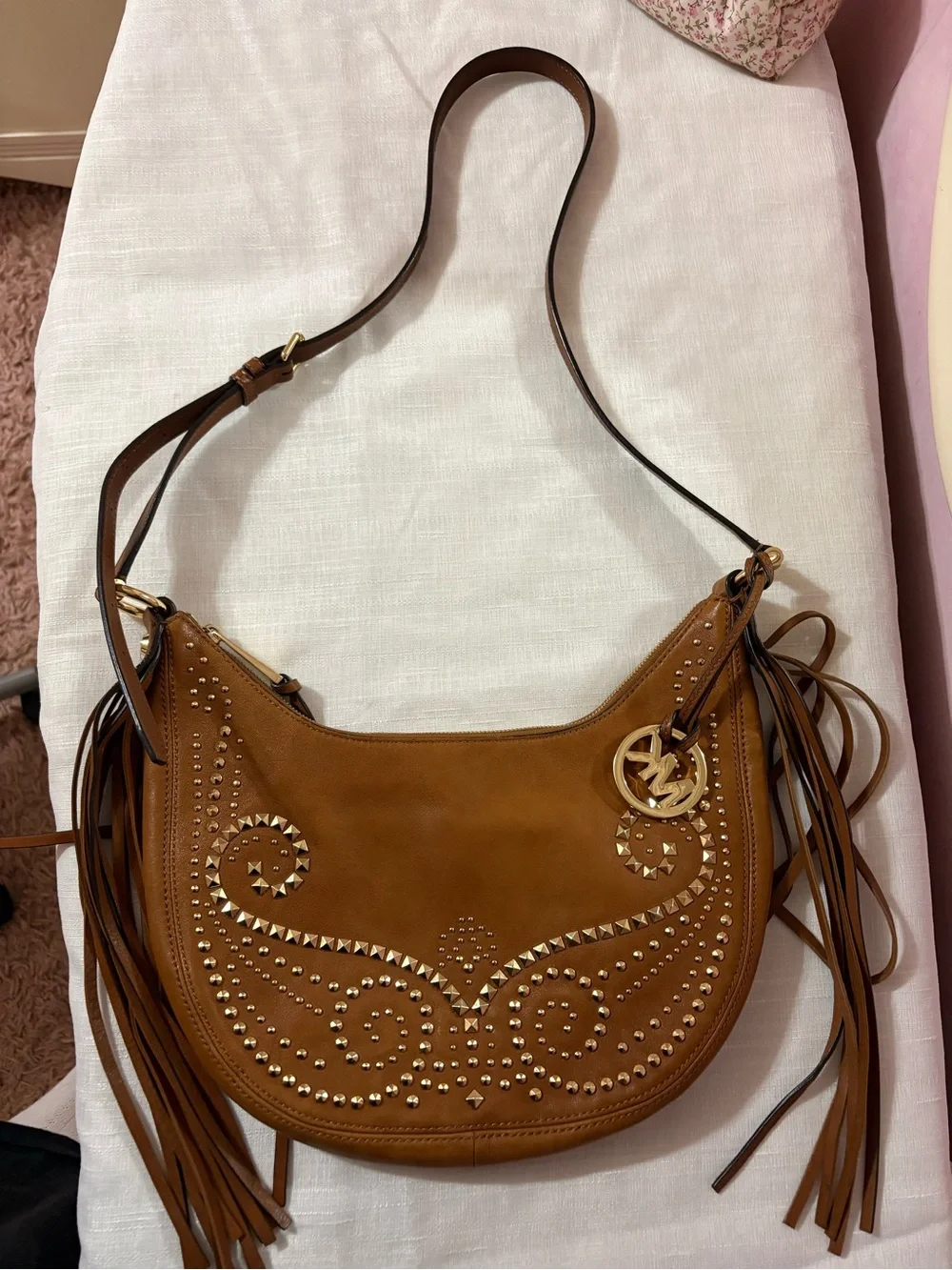 Michael Kors Cognac Suede Studded Fringe Shoulder Bag